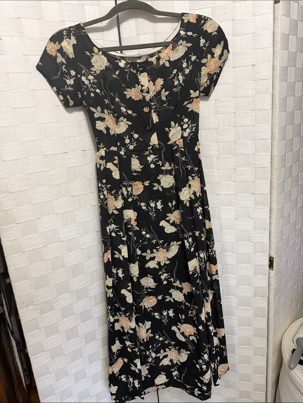 Floral Black Midi Dress with Peach & Cream Blooms